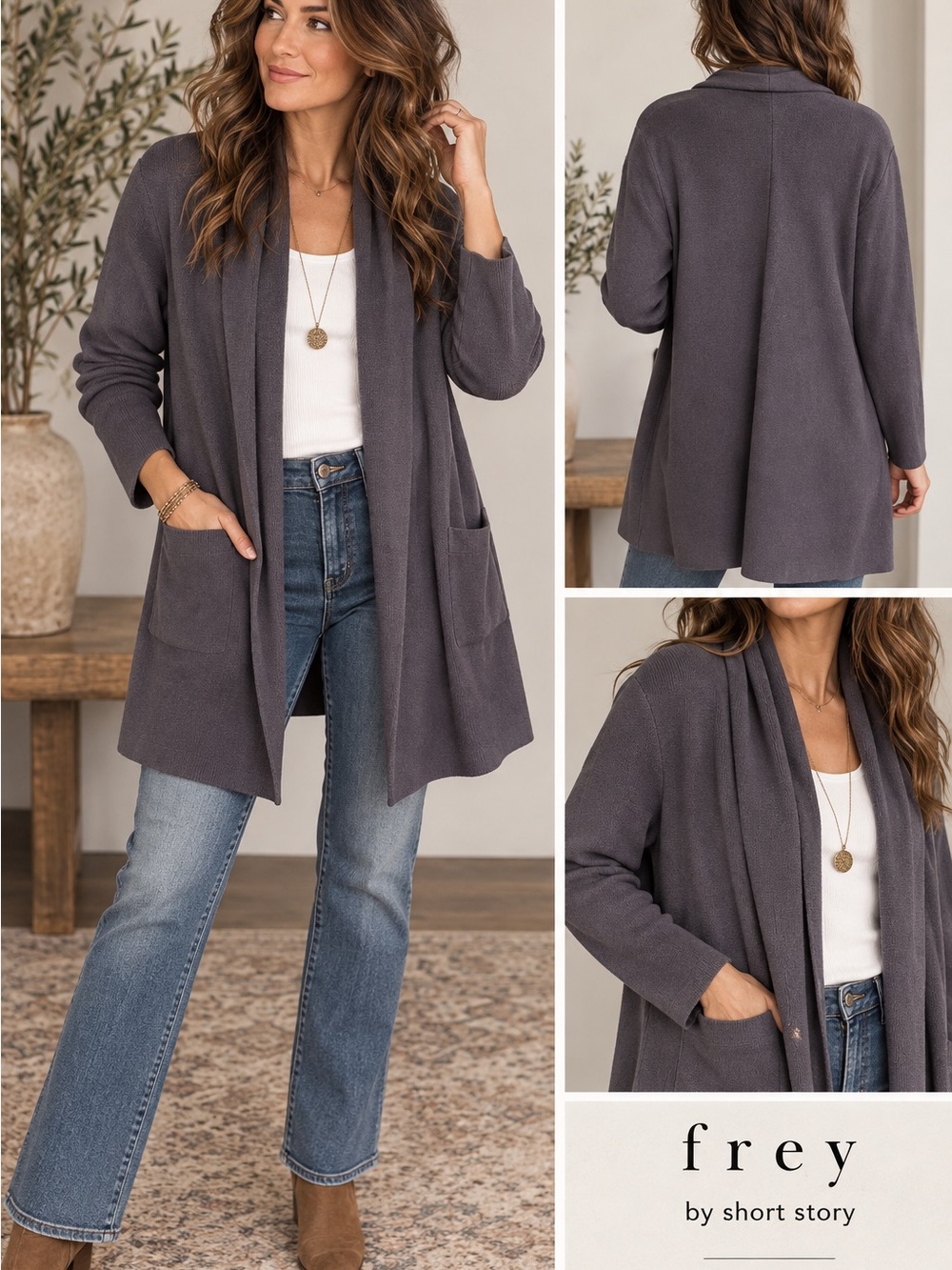 Frey by Short Story Cardigan Womens SP/MP Gray Open Front  Duster #1225CL